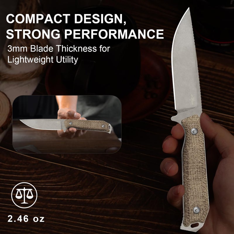 KIZER Begleiter Fix Fixed Blade Knife, 3.78" Drop Point 3V Blade Hunting Knives with Kydex Sheath, Brown Burlap Micarta Handle EDC Knife for Camping Hunting Survival 1045MD1 - Image 5